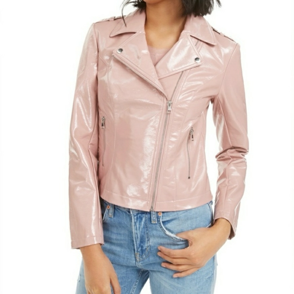 Bar III Pink Leather Jacket Asymmetrical Zipper Fitted Silhouette